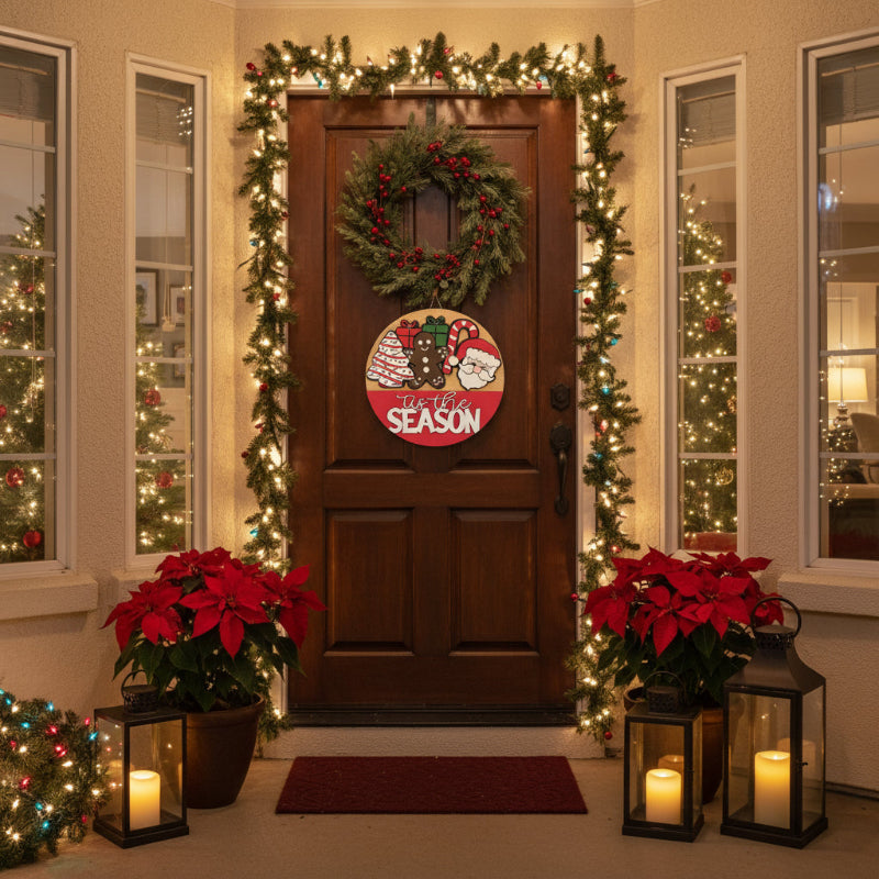 Round wooden sign with Christmas-themed decorations and 'tis the season text on a wooden background.