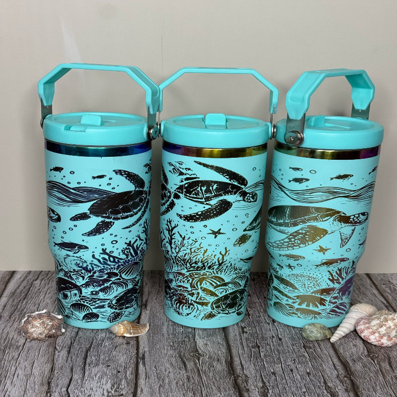 Turtle Full Wrap 30 oz Teal with Copper Core Flip Top with Lid Handle P014019