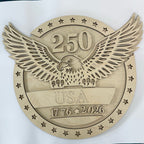 Wooden plaque with an eagle design and '250 USA 1776-2026' text on a white background