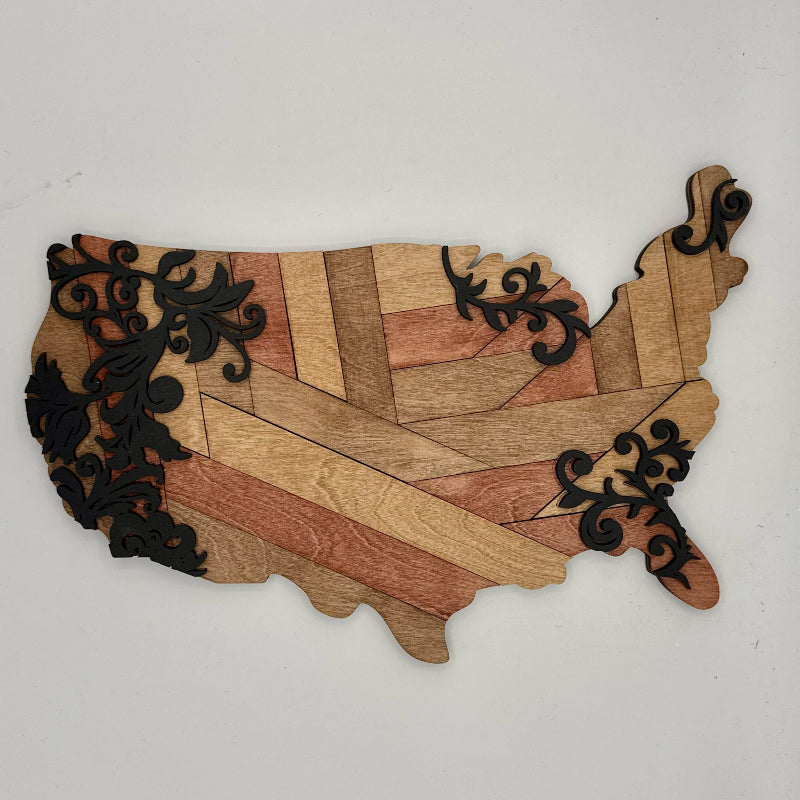 Wooden map of the United States with decorative black details on a white background