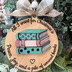 Wooden ornament with books design and text on a green leaf background