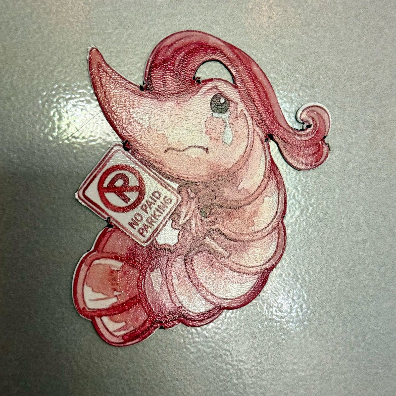 Cartoon character with a sad expression holding a 'No Parking' sign on a light gray background