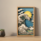 Framed artwork of a wave on a wooden shelf with books below.