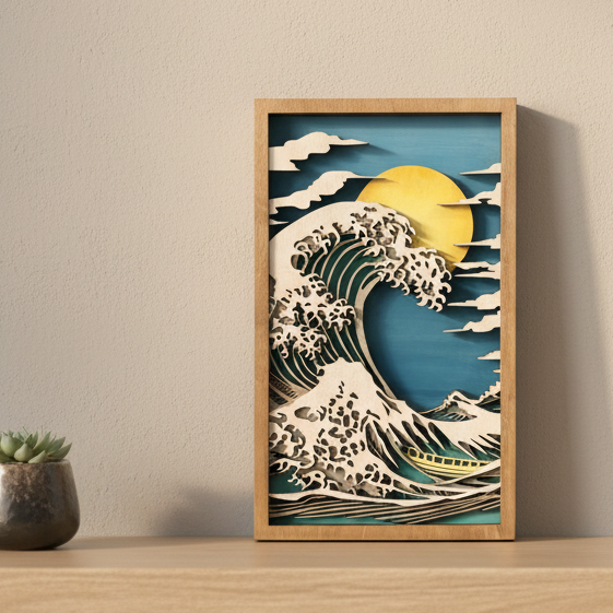 Framed artwork of a wave on a wooden shelf with books below.