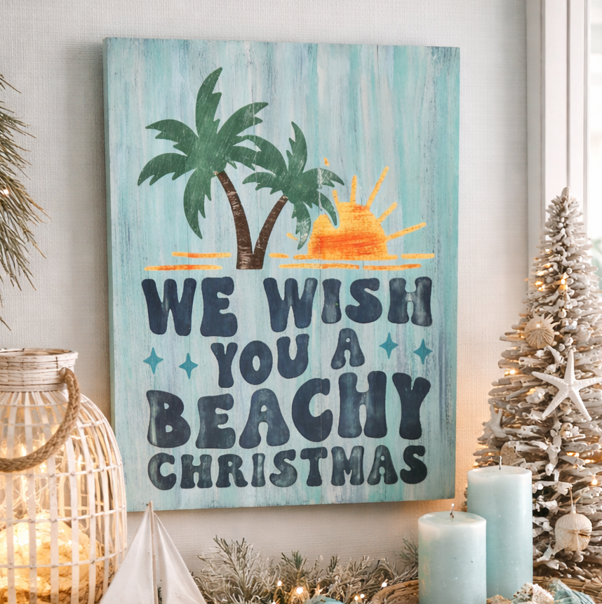 Decorative console table with 'Beachy Christmas' sign, candles, and Christmas tree. DIY Workshop in Paisley Grace Makery - Beach Coastal Christmas 