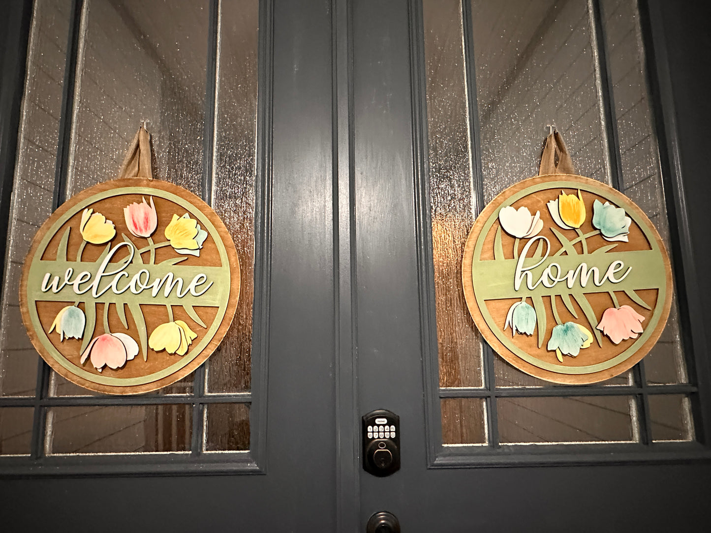 Welcome Or Welcome Home with Tulips Double Door Set 3D DOOR HANGER DESIGN P03595