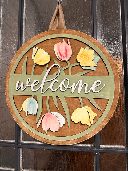 Welcome Or Welcome Home with Tulips Double Door Set 3D DOOR HANGER DESIGN P03595