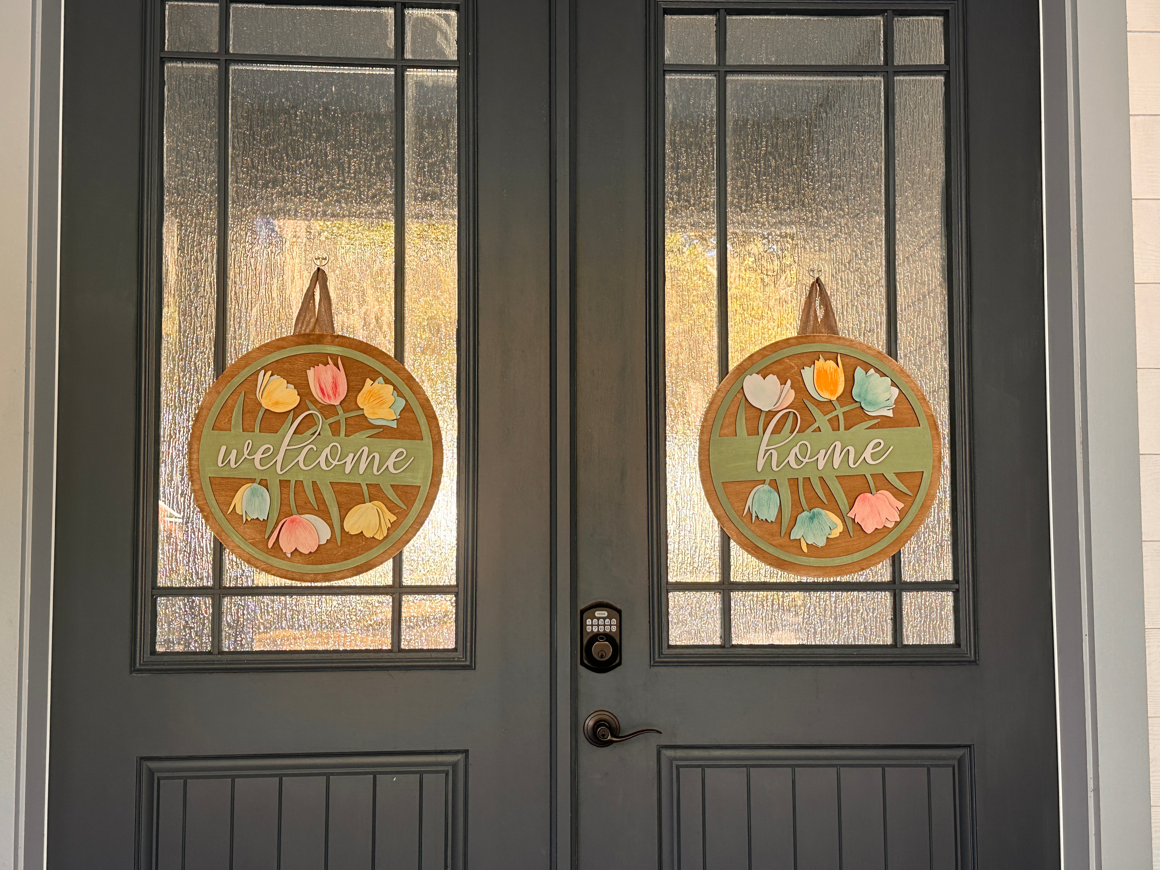 Welcome Or Welcome Home with Tulips Double Door Set 3D DOOR HANGER DESIGN P03595