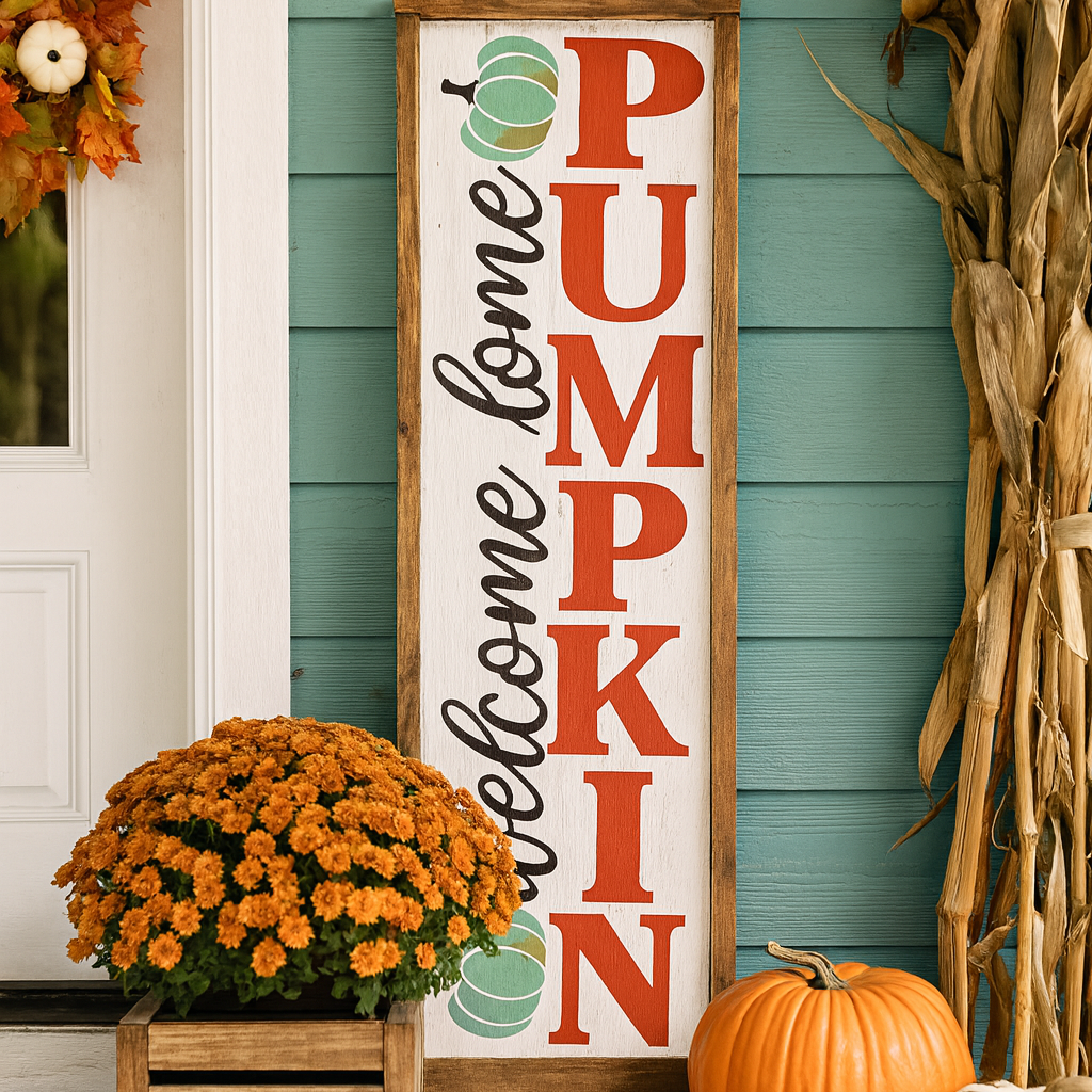 Decorative sign with 'Welcome Home Pumpkin' text on a porch with pumpkins and flowers. DIY Workshop Girls Night in Fernandina Beach