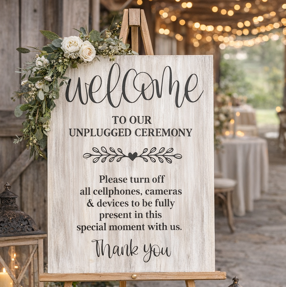 Decorative sign for an unplugged ceremony DIY Workshop, Finished Sign in Fernandina Beach FL. Bachelorette Parties, Bridal Parties. DIY workshops. 