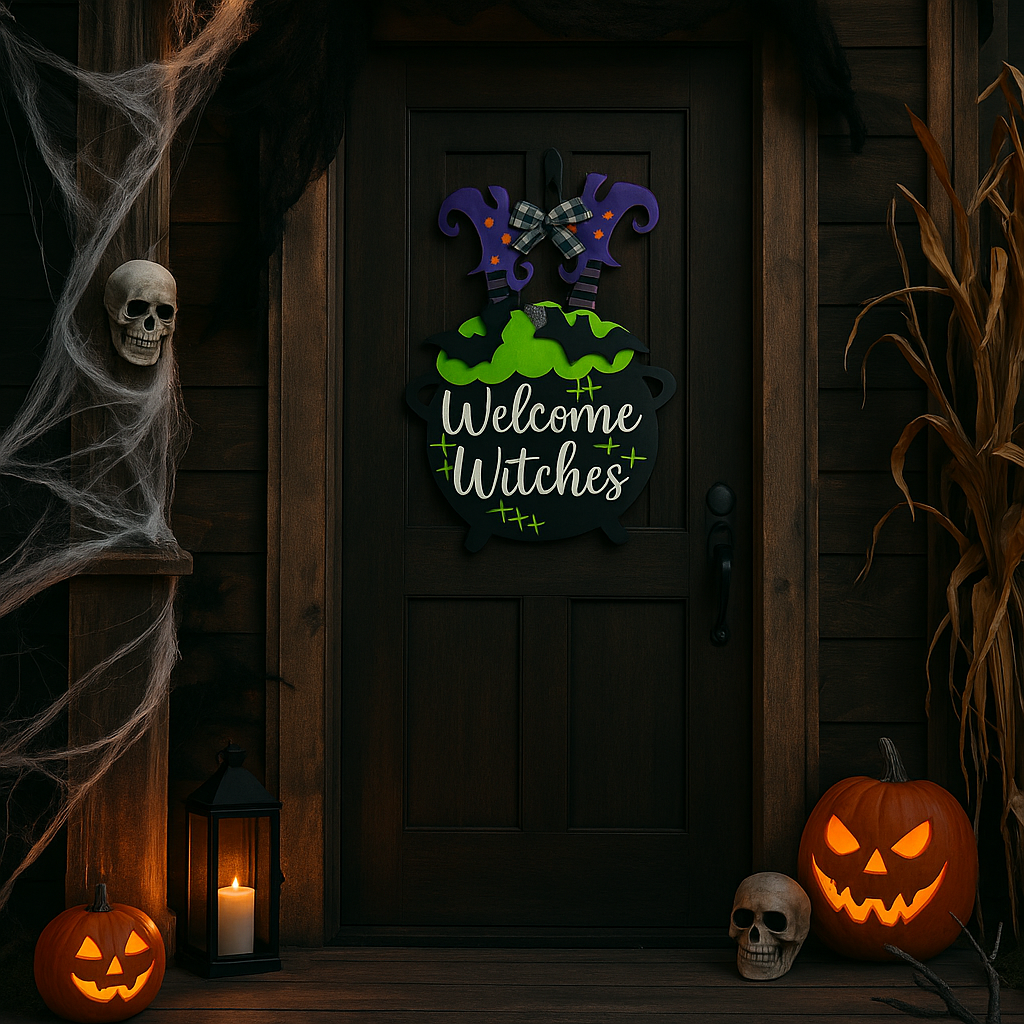 Halloween-themed door sign with pumpkins, candles, and skulls on a wooden door.