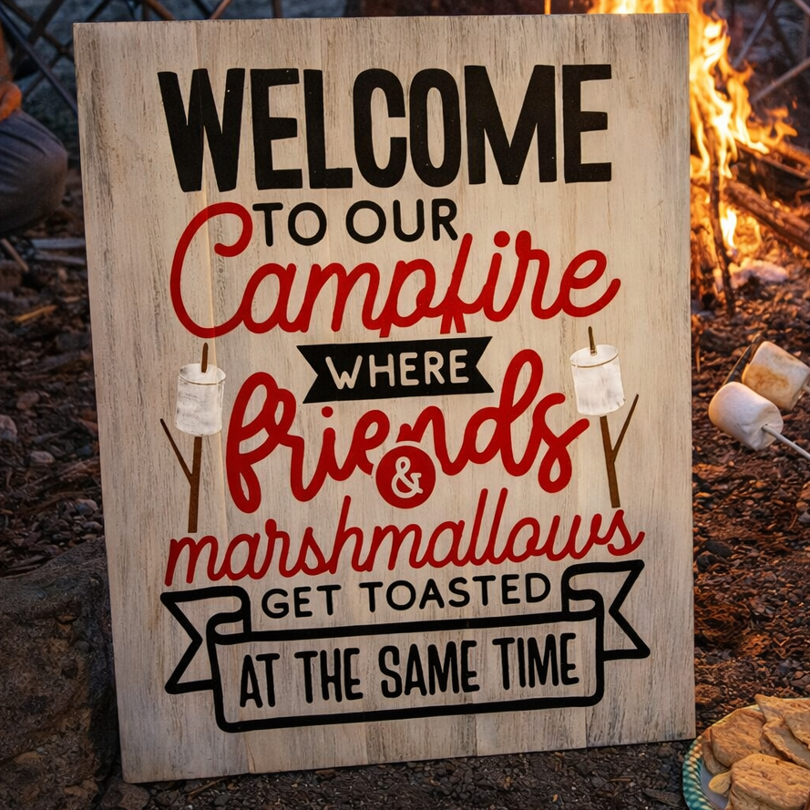Wooden sign with text 'Welcome to our campfire where friends & marshmallows get toasted at the same time' in front of a campfire.