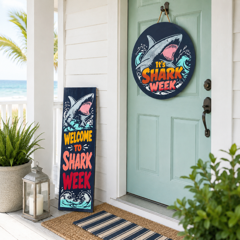 Decorative signs for 'Shark Week' on a door with plants and lanterns.