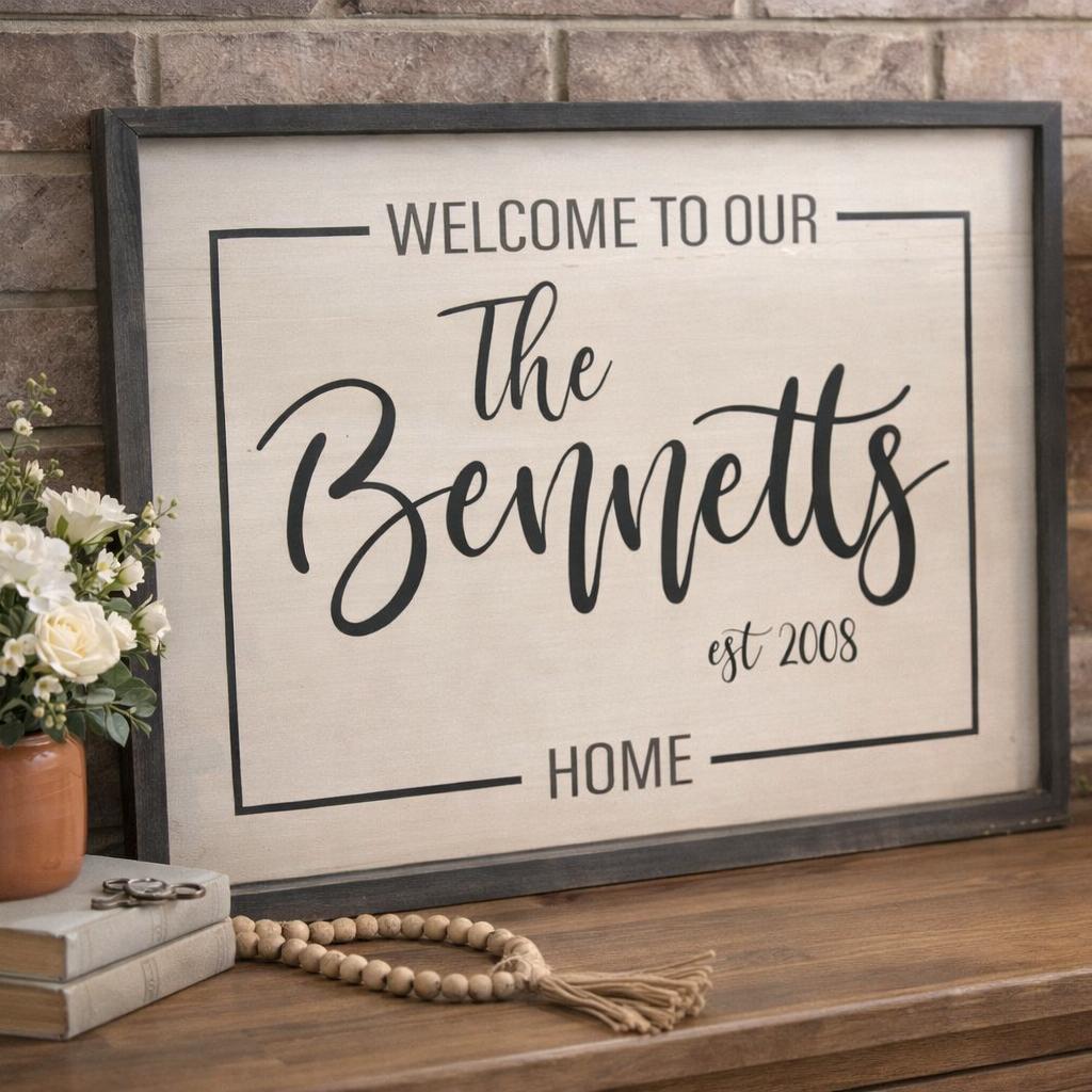Framed sign with 'Welcome to our home' text on a wooden surface with decorative items. Closing Gift. Housewarming Gift. Wedding Gift.