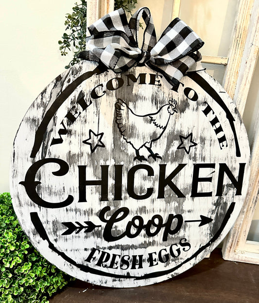 PAINTED Welcome to the Chicken Coop Door Hanger Design with bow P0498