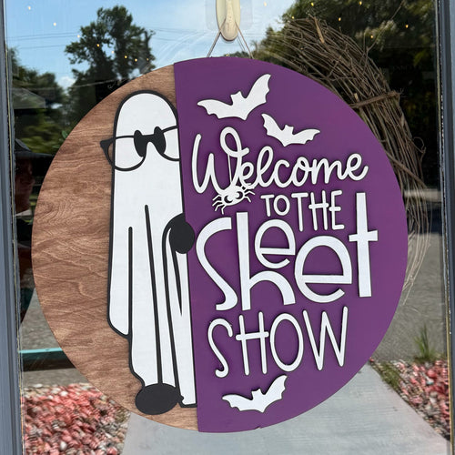 Welcome to the Sheet Show 3D Door Hanger, handcrafted wood door hanger from Paisley Grace Makery, Fernandina Beach FL