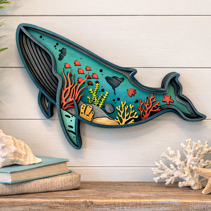 Decorative whale wall art on a shelf with books, shells, and plants.