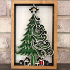 Whimsical Swirl Christmas Tree 3D shadow box in green and white in a wood frame on a mantel, Paisley Grace Makery, Fernandina Beach FL