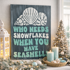 Decorative setup with a sign about seashells, Christmas tree, and festive decor.