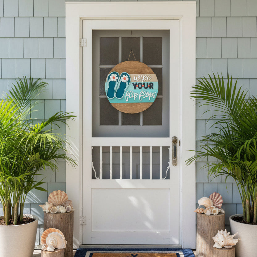 Decorative sign with flip flop design and text 'wipe YOUR flip flops' on a wooden background