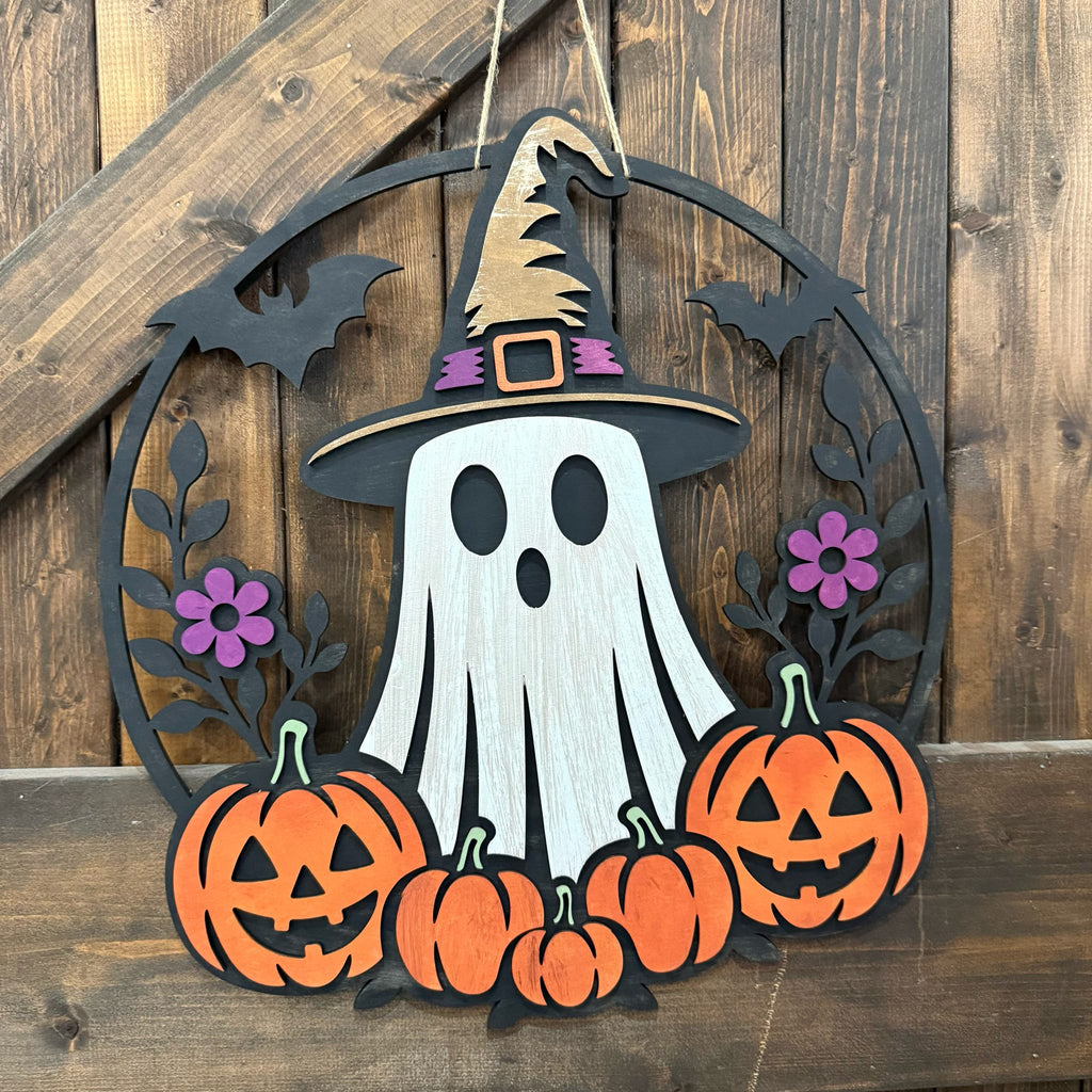 Witch Hat Ghost with Pumpkins 3D DOOR HANGER G0646