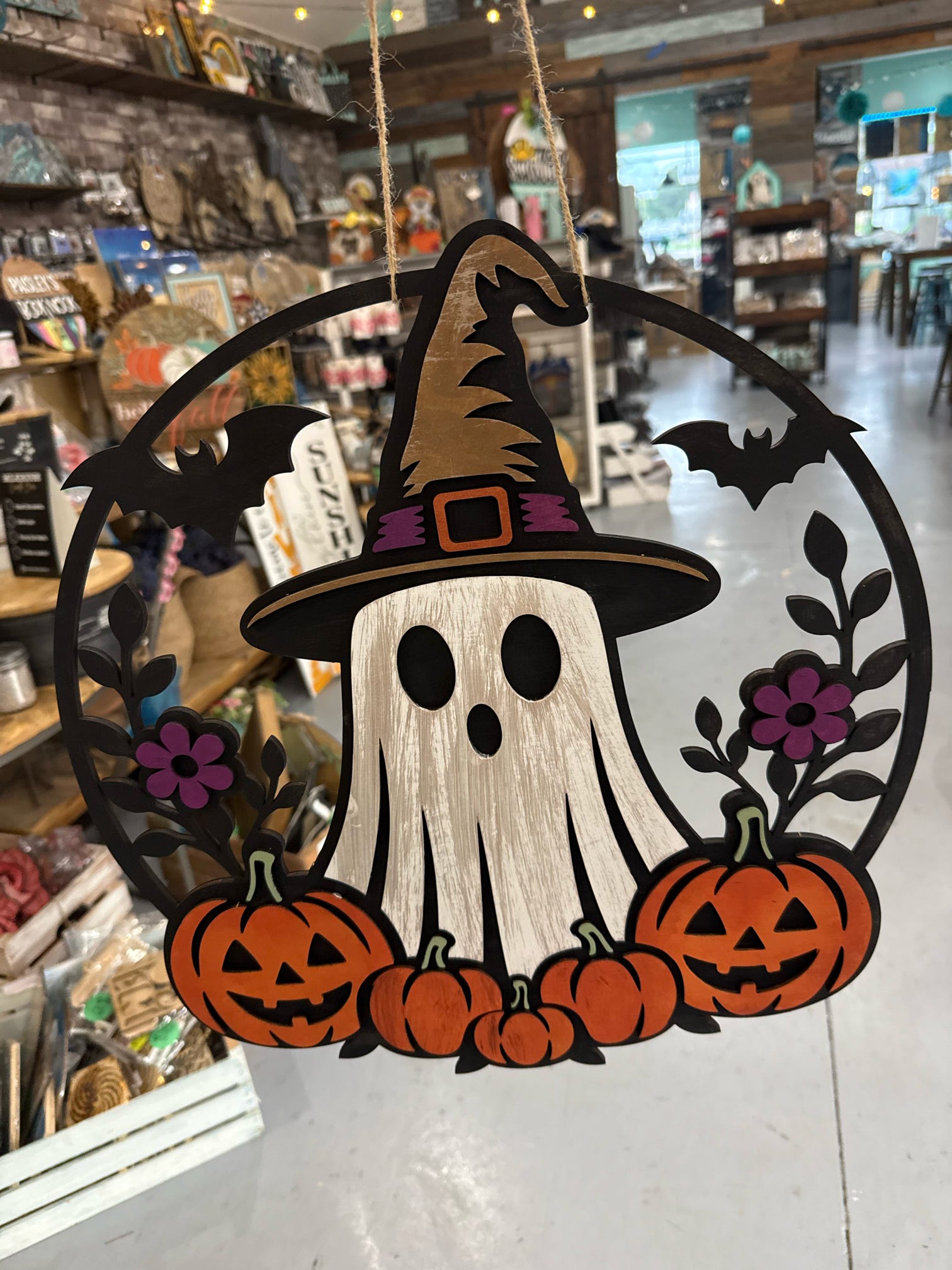 Witch Hat Ghost with Pumpkins 3D DOOR HANGER G0646