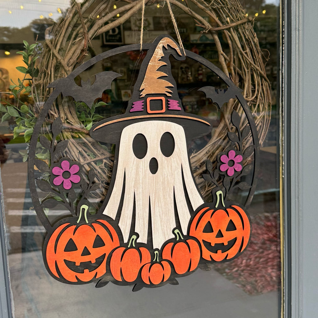 Witch Hat Ghost with Pumpkins 3D DOOR HANGER G0646