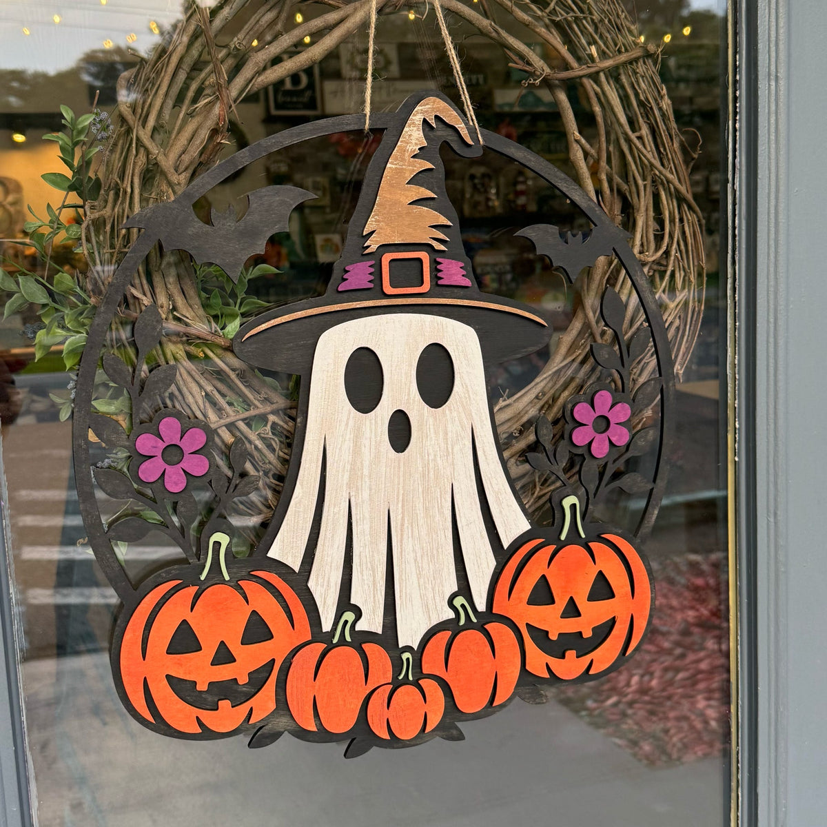 Witch Hat Ghost with Pumpkins 3D DOOR HANGER G0646