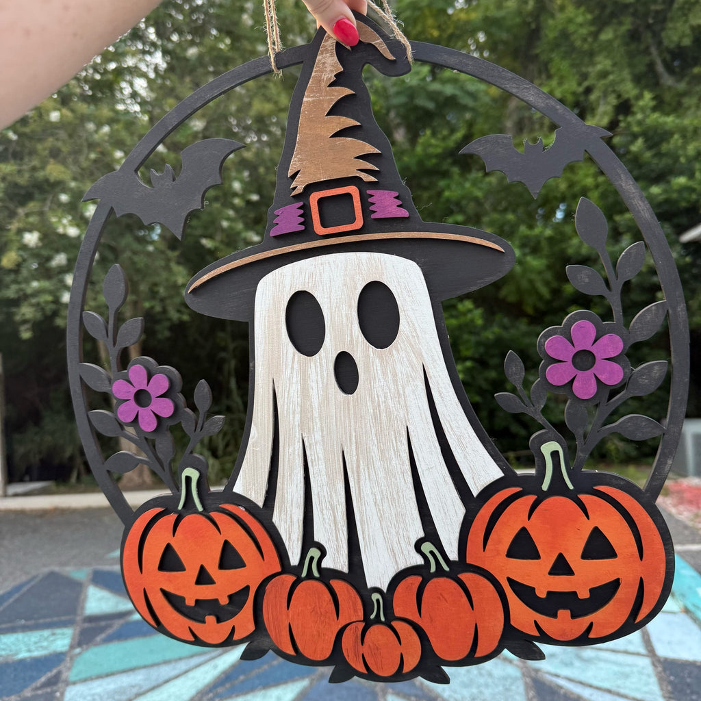 Witch Hat Ghost with Pumpkins 3D DOOR HANGER G0646