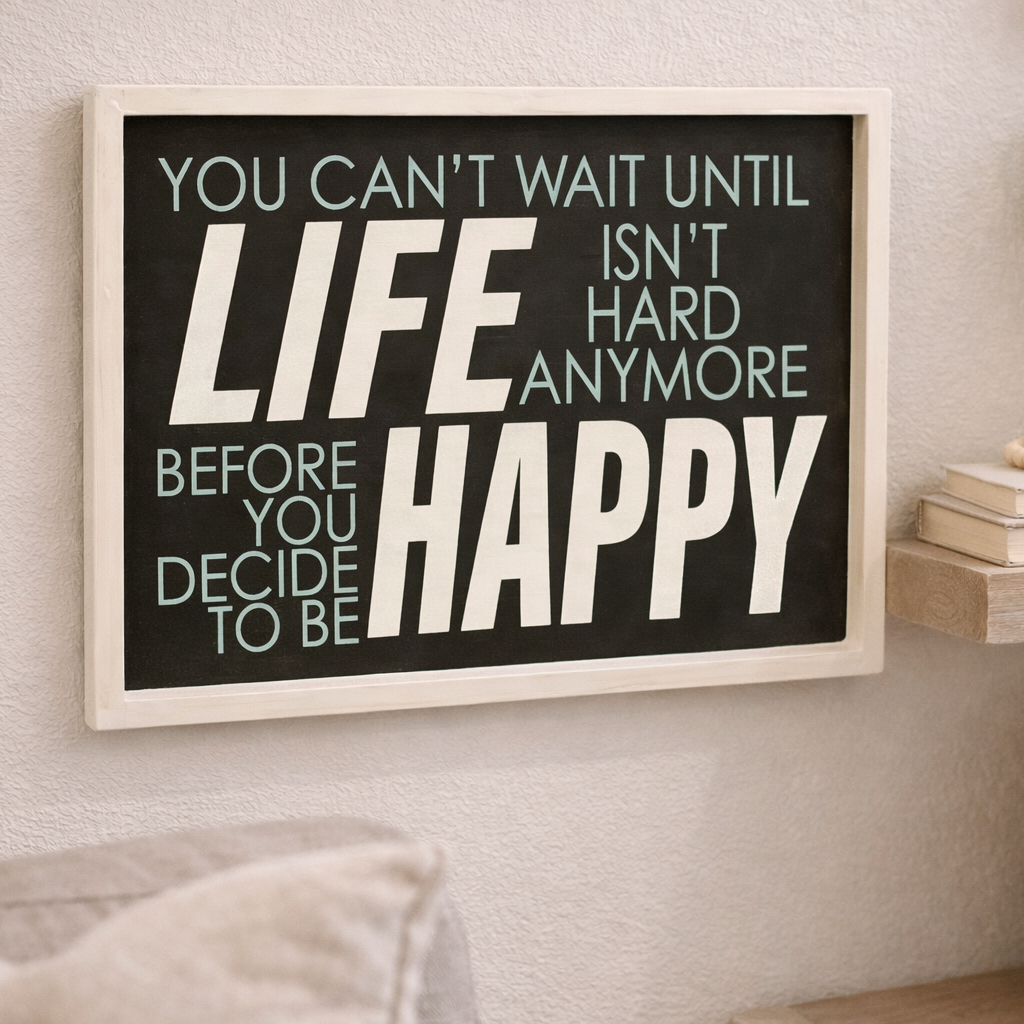 Framed motivational quote on a wall with decor elements below