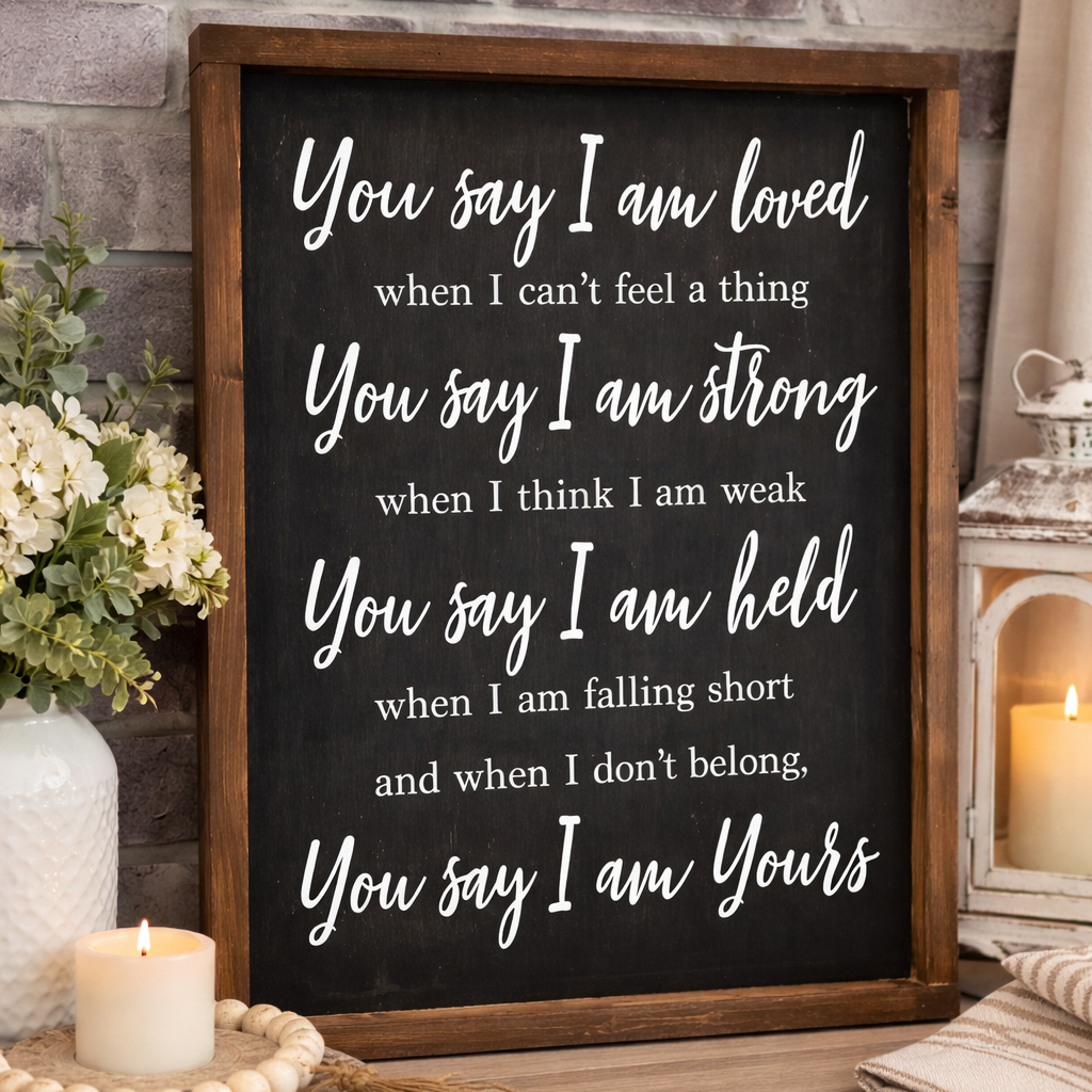 Framed quote on a wooden surface with decorative items. DIY Kit. Handmade. Fernandina Beach. Faith Art.  Christian Artwork.