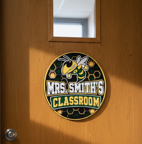 A wooden classroom door with a small window near the top and a round sign reading 'Mrs. Smith's Classroom' featuring a bee mascot.