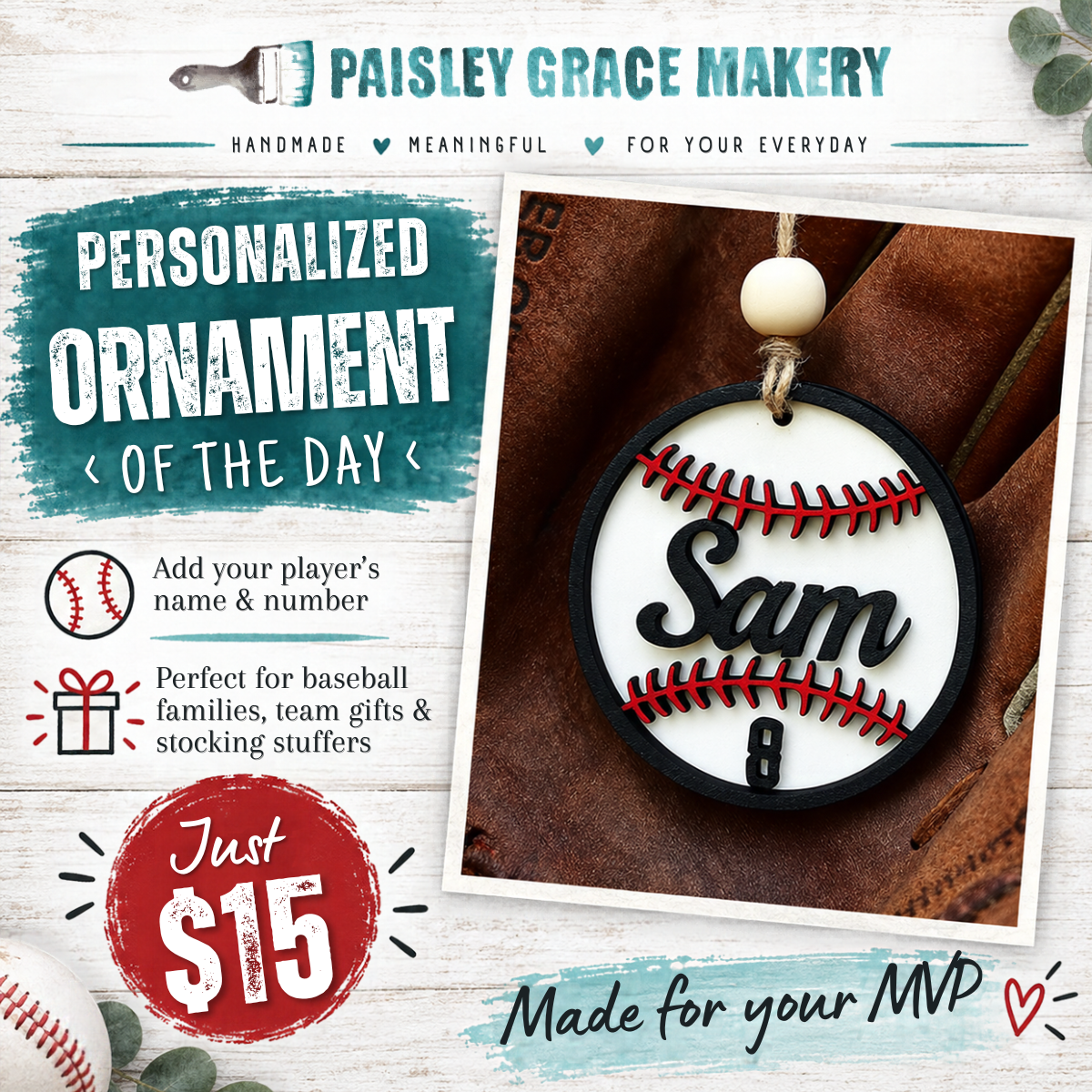 Personalized Baseball Name and Number Ornament G0759