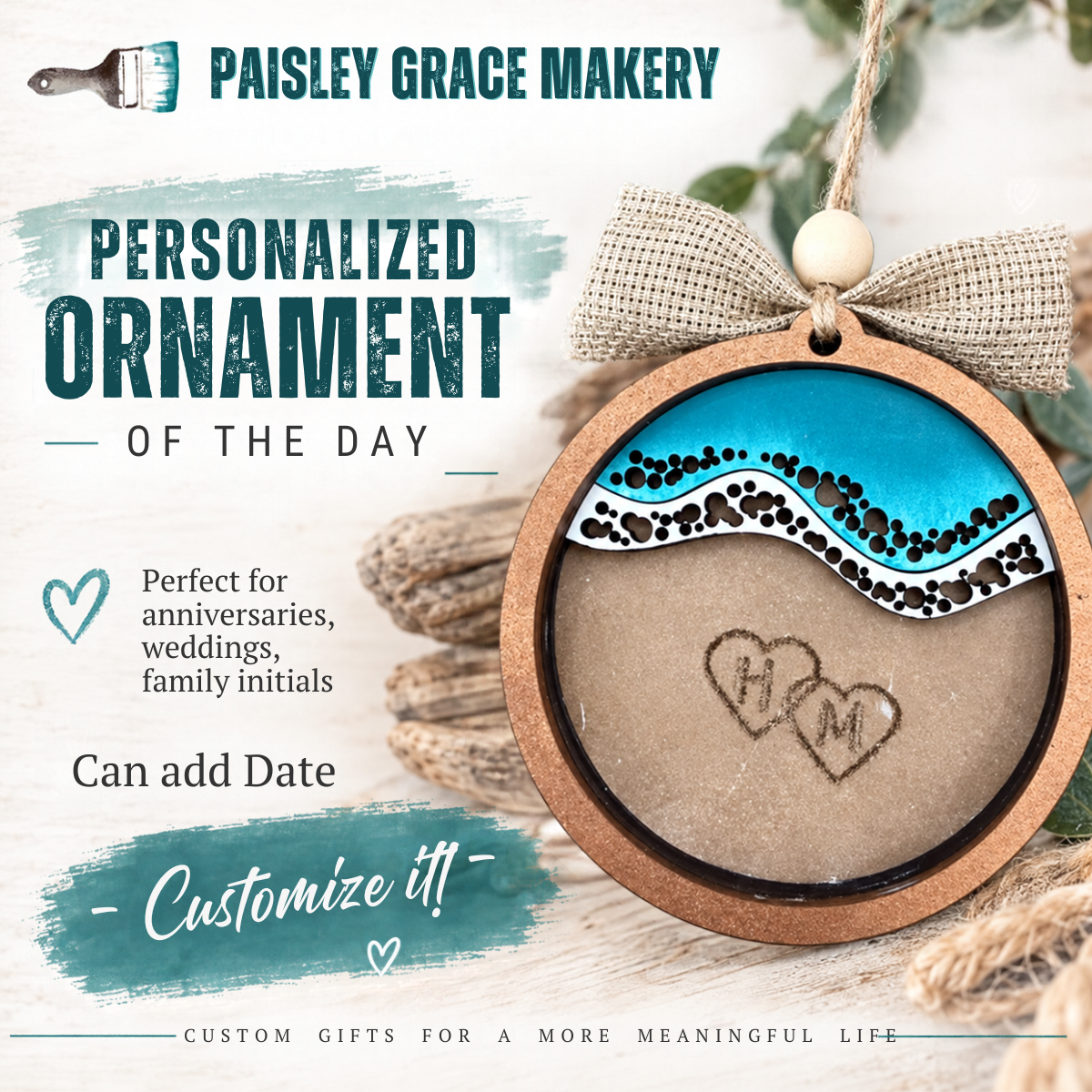Hearts in the Sand Personalized Beach Ornament G0755