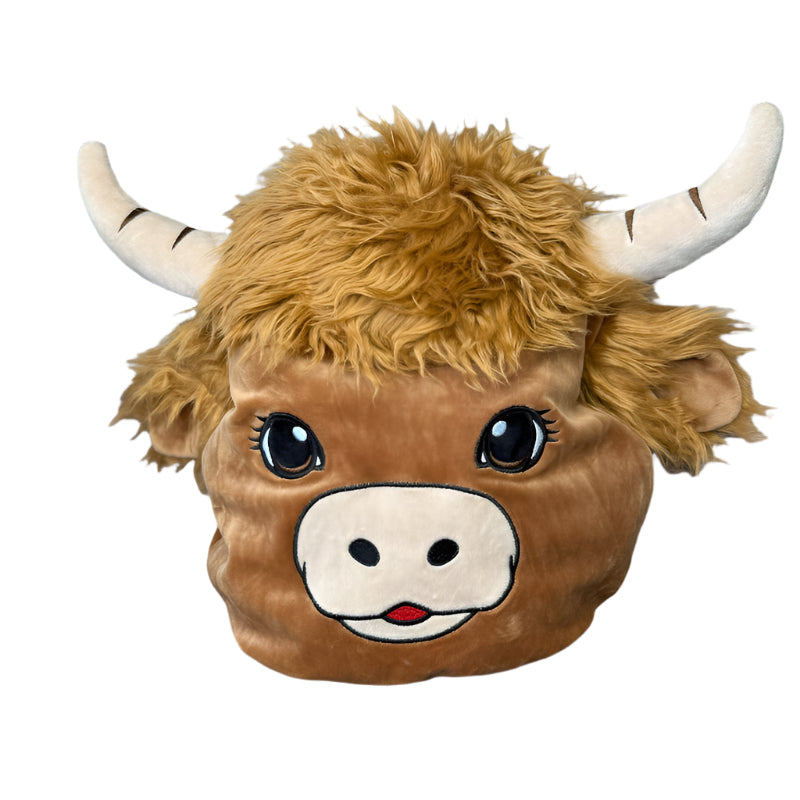 Plush toy head of a brown cow with large eyes and white horns on a white background