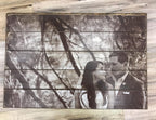 Sepia bride and groom photo on a five plank antiqued wood photo pallet