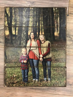 Mom and two children in the woods photo on a four plank wood photo pallet, a gift for mom
