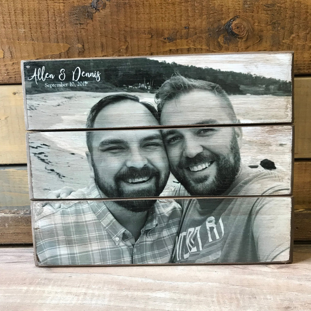 Personalized black and white couple photo on a three plank wood photo pallet with names and date, Paisley Grace Makery