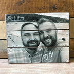 Personalized black and white couple photo on a three plank wood photo pallet with names and date, Paisley Grace Makery