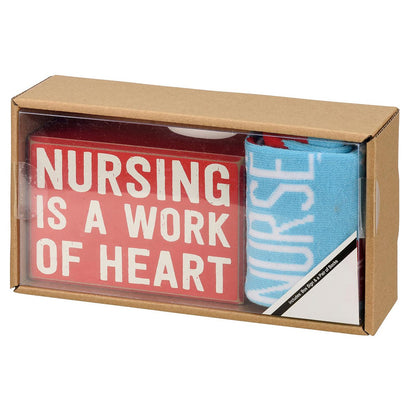 Nursing Is A Work Of Heart Box Sign And Sock Set Box Sign & Sock Set