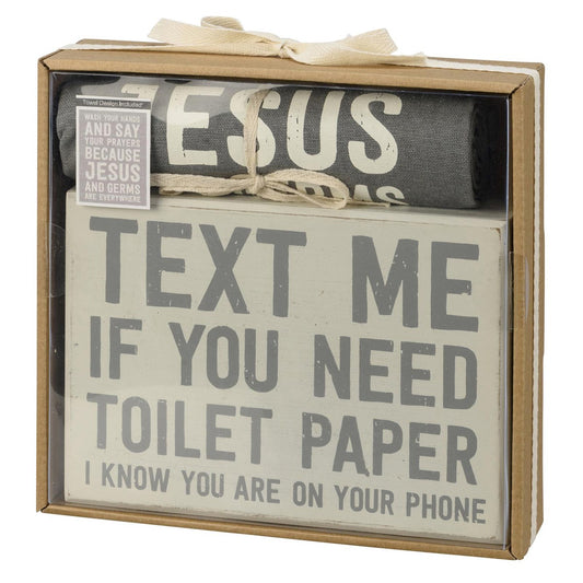 Bathroom Text Me/Wash Your Hands Box Sign & Towel Set