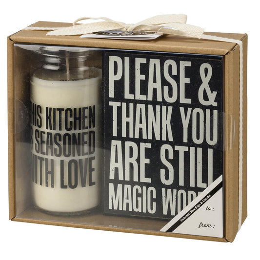 Kitchen Quotes Box Sign & Candle Set