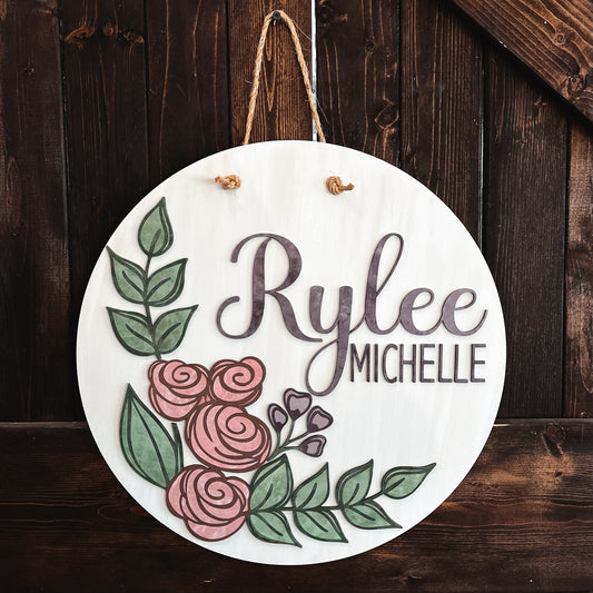 Name with Flowers: 3D CIRCLE DOOR HANGER DESIGN - Paisley Grace Makery