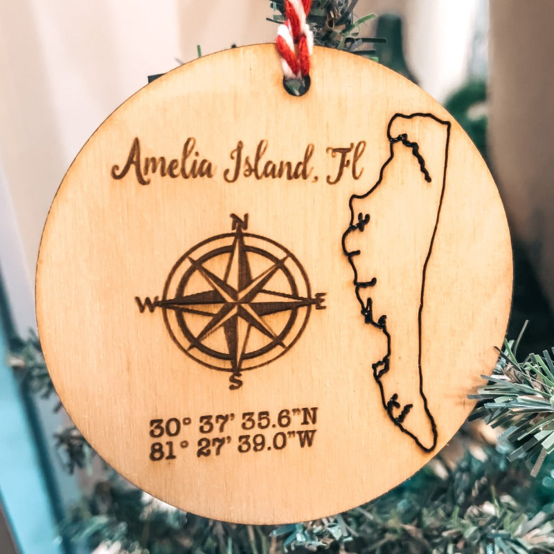 Amelia Island Coordinates: Laser Christmas Ornament - Paisley Grace Makery
