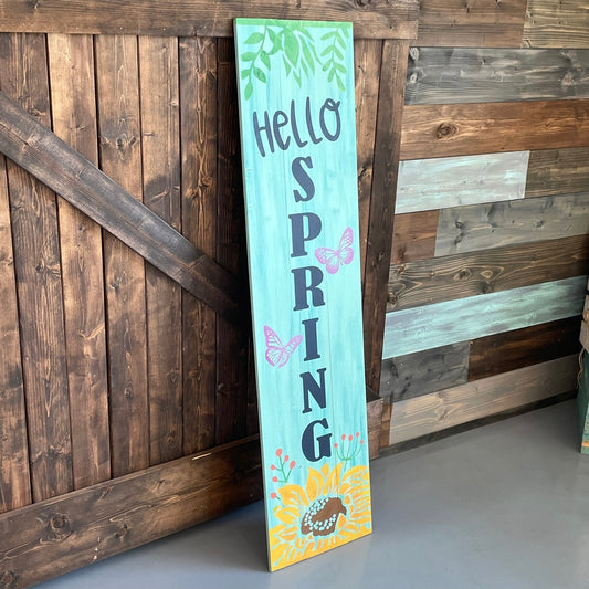 PAINTED - Hello Spring with Sunflower and Butterflies (12x48" Large Plank) - Paisley Grace Makery