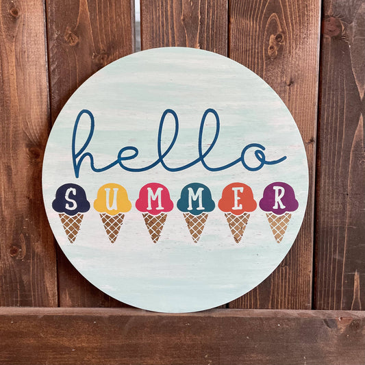 Hello Summer Ice Cream Cone: Round Design & Swappable Door Hanger Design - Paisley Grace Makery