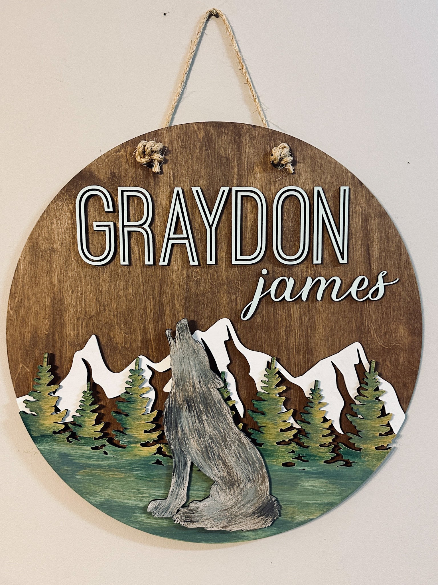 Mountain Wolf Name Sign: 3D CIRCLE DOOR HANGER DESIGN - Paisley Grace Makery