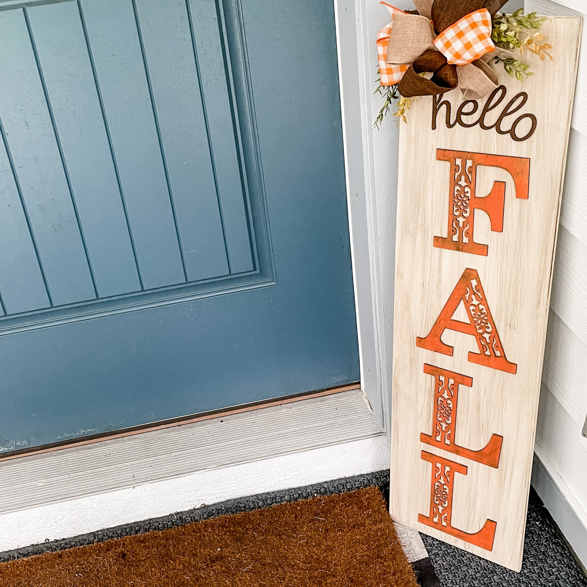 Hello Fall Scrolled 3D Sign with Bow: Plank Design - Paisley Grace Makery