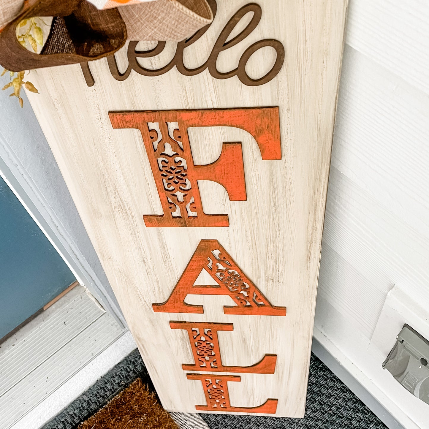 Hello Fall Scrolled 3D Sign with Bow: Plank Design - Paisley Grace Makery