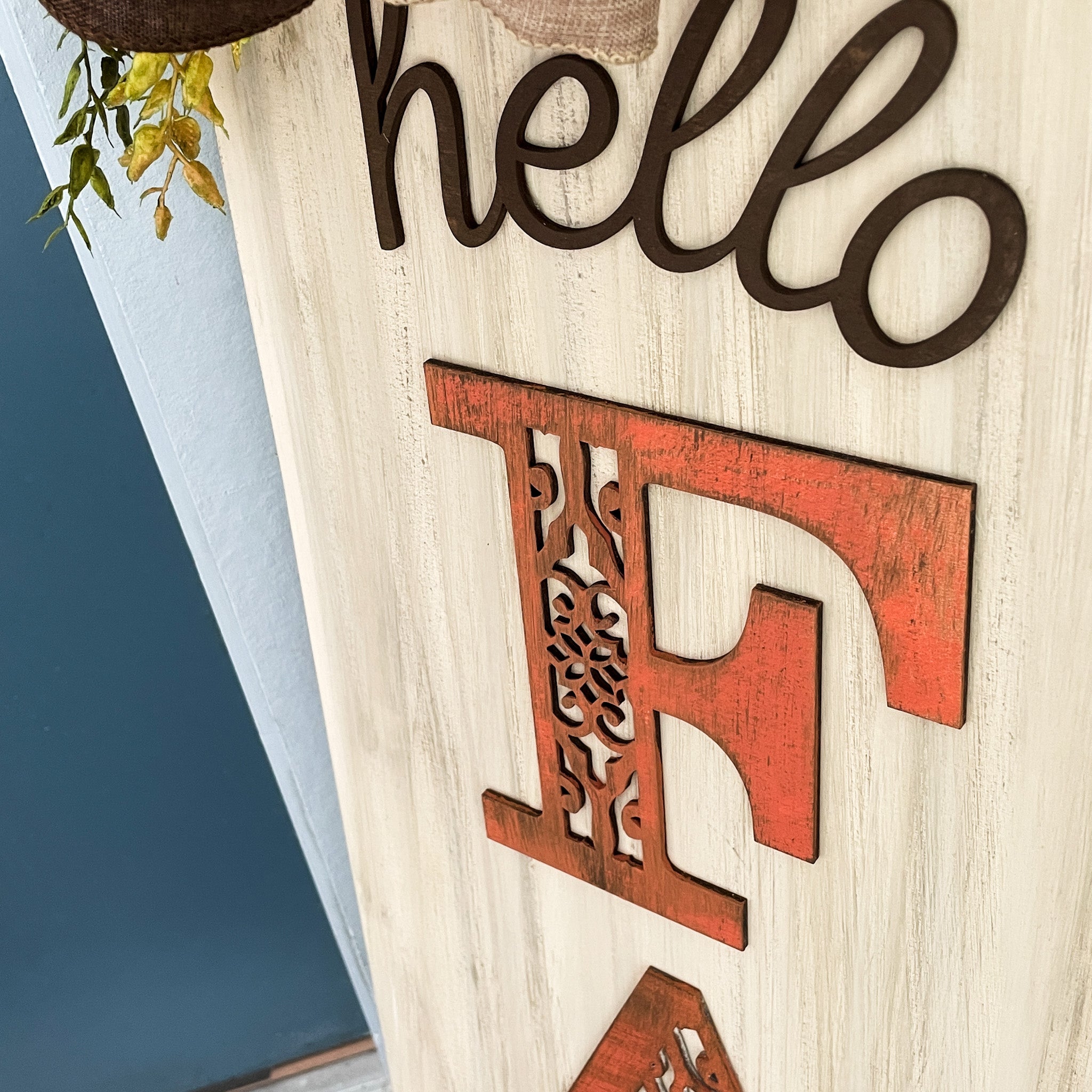 Hello Fall Scrolled 3D Sign with Bow: Plank Design - Paisley Grace Makery